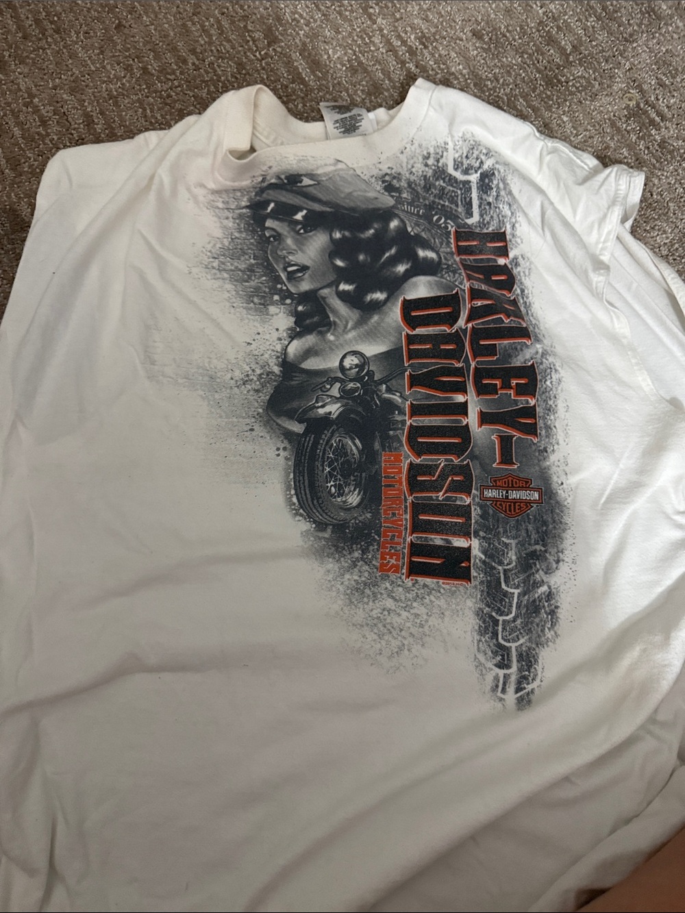 vintage Harley-Davidson White Short-Sleeve Tee with Black & Orange Graphic